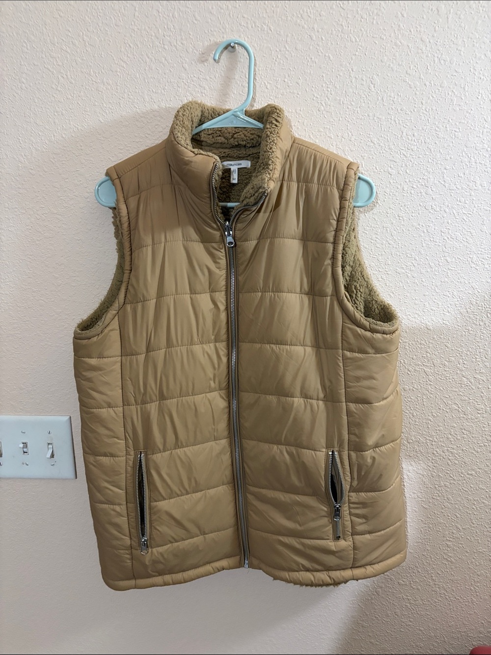 Maurice’s Quilted Tan Puffer Vest with Sherpa Lining- reversible